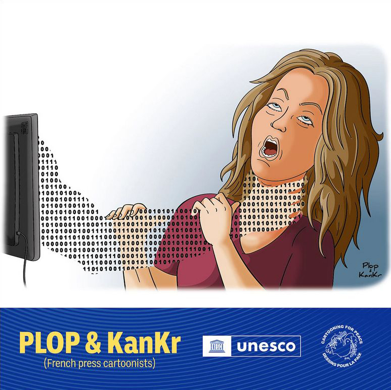 Dessin de Plop & KanKr pour l'UNESCO et Cartooning for Peace, le dessin représente une femme étranglée par une bras, constitué de 0 et de 1, par un bras, sortant d'un écran.