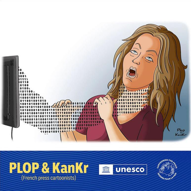 Dessin d'une femme étranglée par une bras, constitué de 0 et de 1, par un bras, sortant d'un écran.